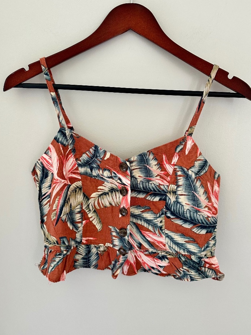 Loft Tropical Leaf Print Linen Blend Button Front Crop Top Size 2 petite